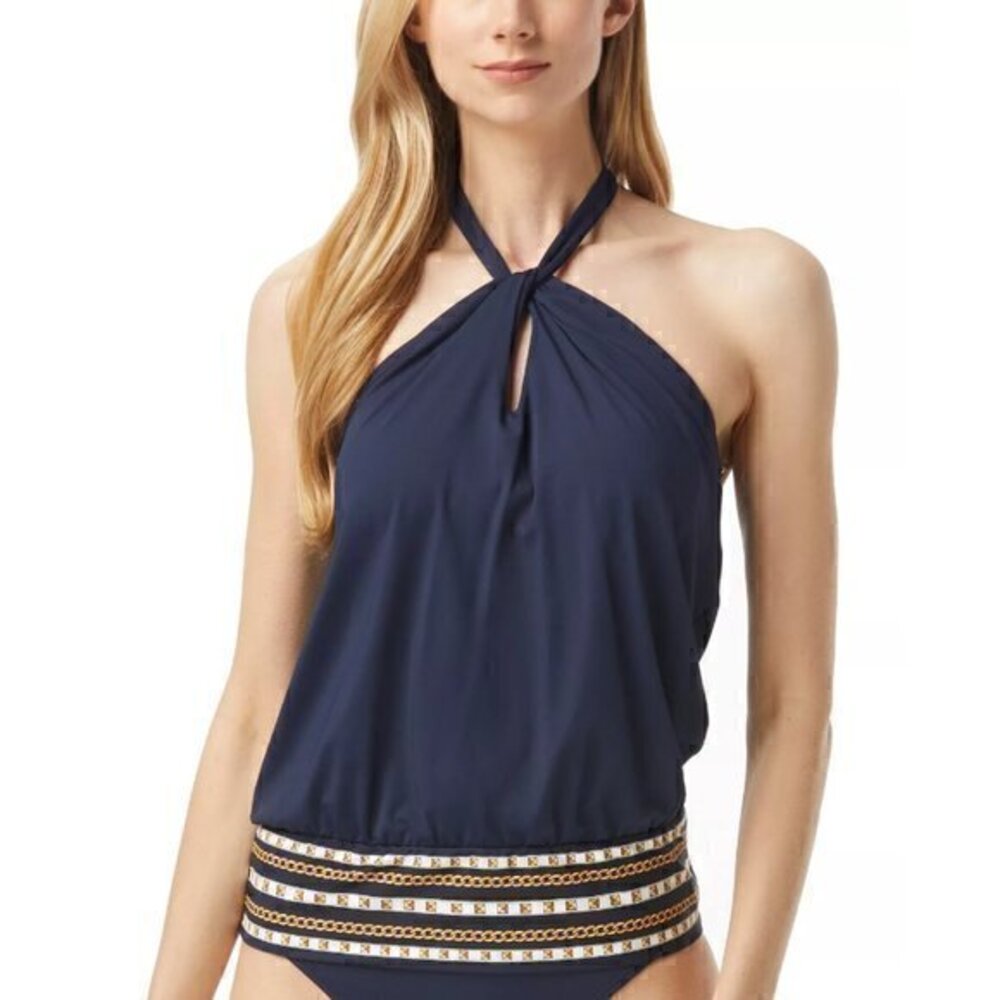 Michael Michael Kors Logo Printed Twist Halter Tankini Top - New Navy Bl…